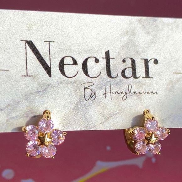 Pink Gold Diamond Flower Huggie - Picture 2 of 4